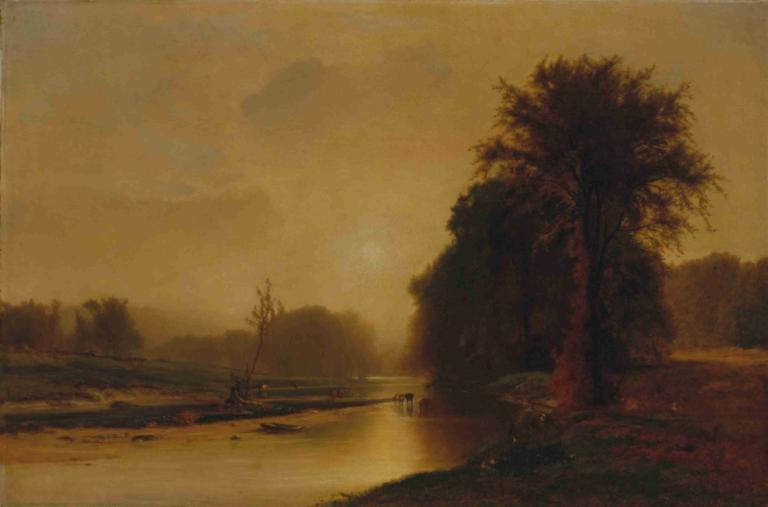 Autumn Meadows,George Inness,Oil Painting,Oil Painting, tree, scenery, outdoors, no humans, sky, river, boat