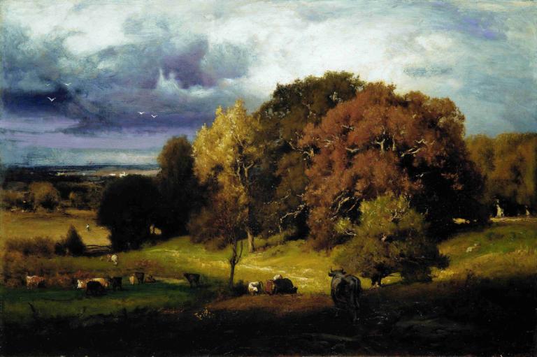 Autumn Oaks,George Inness,Oil Painting,Oil Painting, tree, scenery, outdoors, cloud, no humans, sky