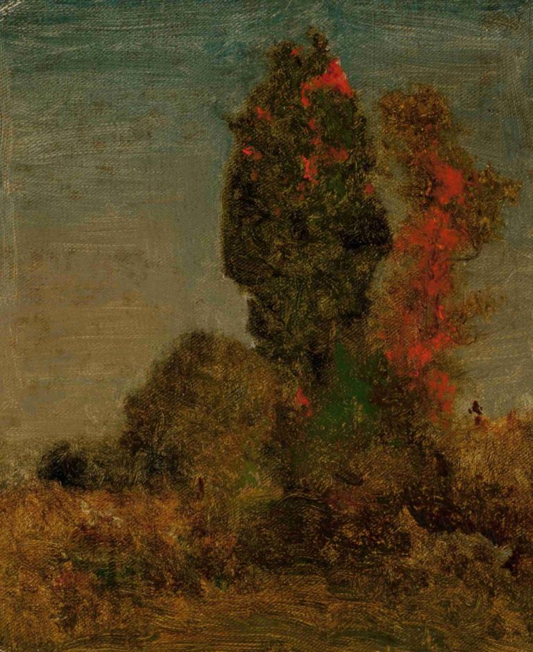 Autumn Trees,George Inness,Oil Painting,Oil Painting, no humans, solo, outdoors, sky