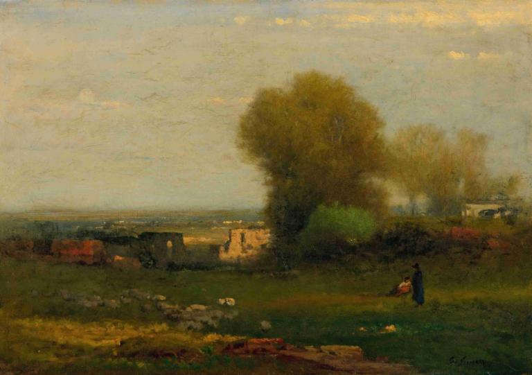 By The Old Aqueduct, Campagna, Italy,意大利坎帕尼亚古渡槽旁,George Inness,乔治-因内斯,油画,油画, 户外, 风景, 树, 草, 抽烟, 没有人类, 天空, 云