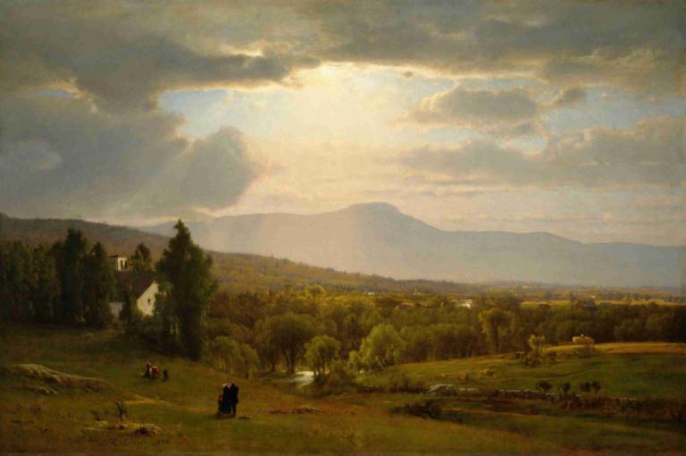 Catskill Mountains,卡茨基尔山脉,George Inness,乔治-因内斯,油画,油画, 风景, 户外, 云, 树, 天空, 自然, 多云的天空, 森林, 景观, 草, 山, 场地, 路