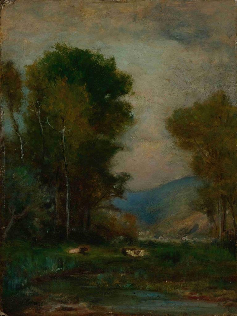 Cows By A Stream,George Inness,Oil Painting,Oil Painting, no humans, tree, outdoors, scenery, cloud, sky