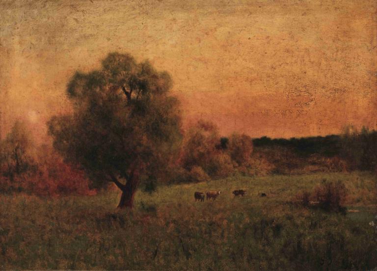 Cows in a Field,畑の牛,George Inness,ジョージ・イネス,油絵,油絵, 木, 景色, 人間がいない, 屋外, 草, 自然, 空, 従来のメディア