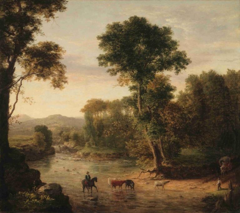 Crossing the Ford,渡過福特,George Inness,喬治·英尼斯,油畫,油畫, 樹, 馬, 風景, 戶外, 自然, 水, 騎馬, 騎術, 森林, 天空, 獨奏, 1男孩