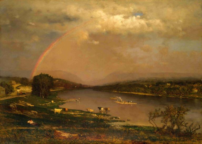 Delaware Water Gap,George Inness,Oil Painting,Oil Painting, scenery, no humans, cloud, rainbow, outdoors