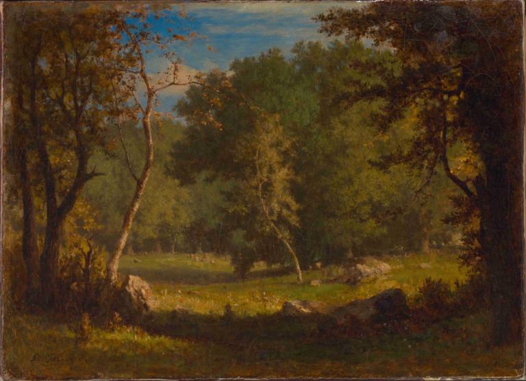 Elf Ground,George Inness,Oil Painting,Oil Painting, no humans, tree, outdoors, scenery, nature, grass, sky