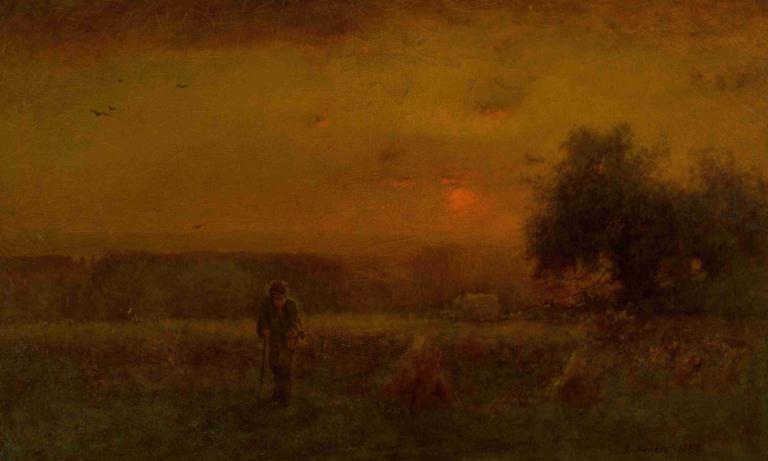 Evening Glow,晚霞,George Inness,乔治-因内斯,油画,油画, 户外, 独奏, 风景, 1男孩, 树, 男性焦点, 草, 常设, 保持, 日落, 广角镜头