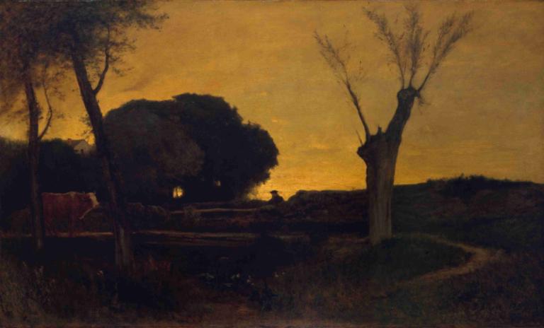 Evening at Medfield, Massachusetts,マサチューセッツ州メドフィールドの夕べ,George Inness,ジョージ・イネス,油絵,油絵, 木, 景色, 屋外, 人間がいない, 草, 日没