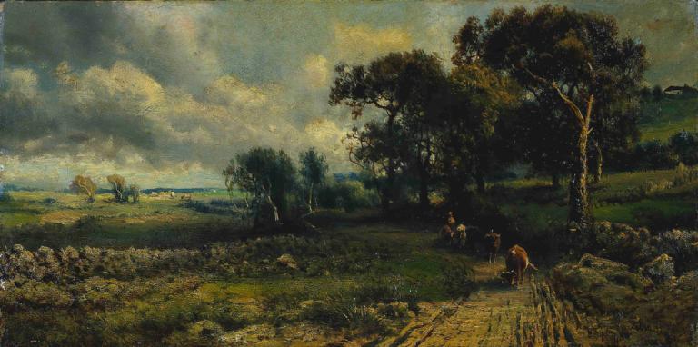 Fleecy Clouds,George Inness,Oil Painting,Oil Painting, tree, scenery, cloud, outdoors, sky, grass, cloudy sky