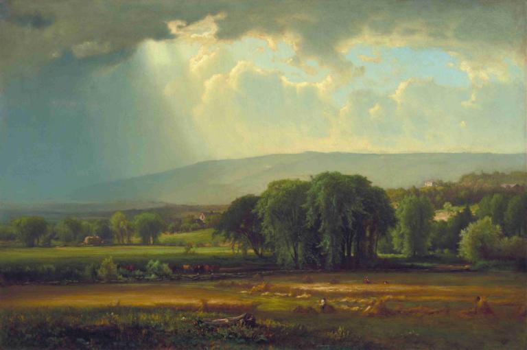 Harvest Scene in the Delaware Valley,George Inness,Oil Painting,Oil Painting, scenery, outdoors, cloud, tree