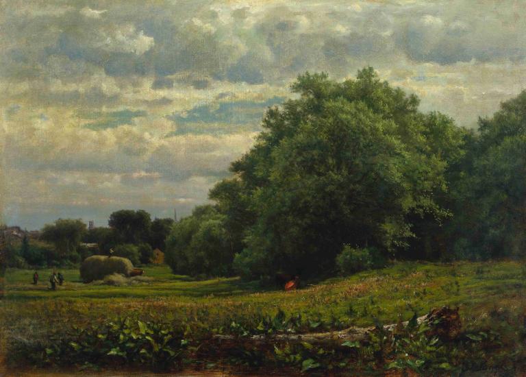 Harvest Time,George Inness,Oil Painting,Oil Painting, scenery, outdoors, tree, cloud, sky, grass, nature