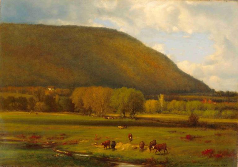 Hudson River Valley,George Inness,Oil Painting,Oil Painting, outdoors, scenery, sky, cloud, day, horse, field