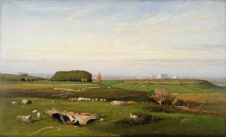 In the Roman Campagna,在罗马坎帕尼亚,George Inness,乔治-因内斯,油画,油画, 风景, 没有人类, 户外, 天空, 树, 草, 传统媒体, 鸟, 云, 天, 景观, 岩石