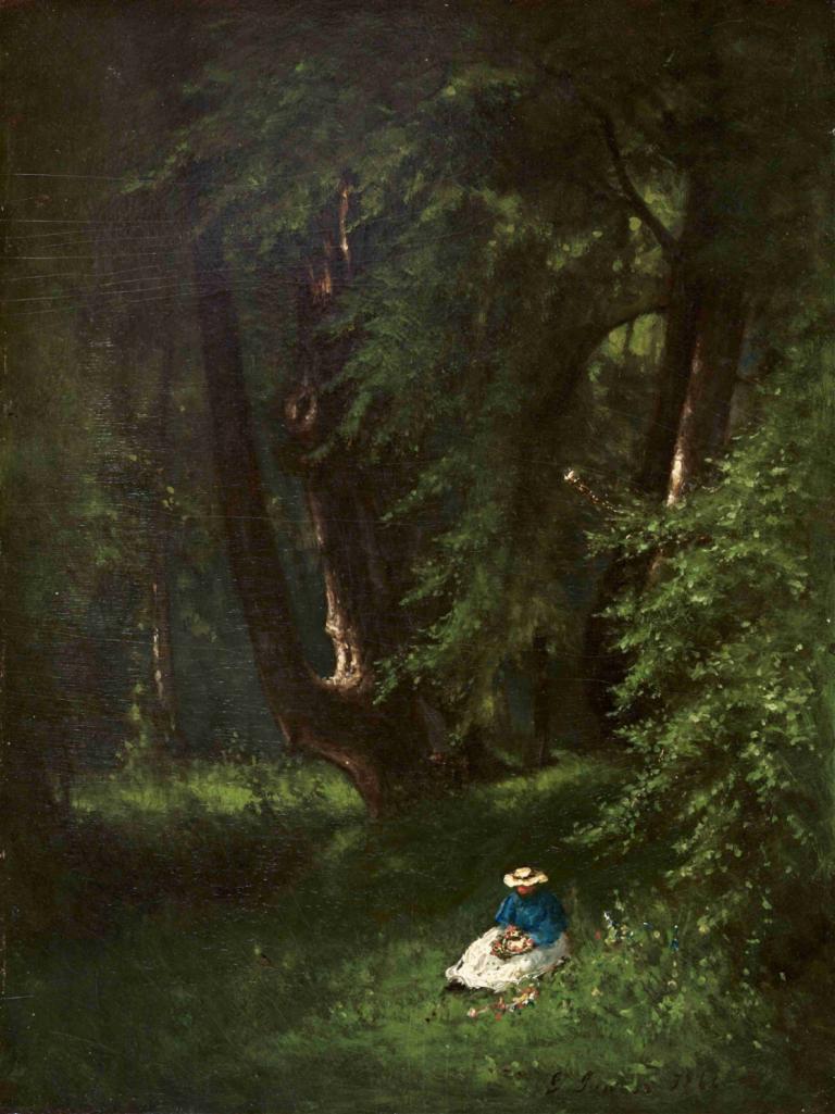 In the Woods,George Inness,Oil Painting,Oil Painting, nature, tree, 1girl, solo, grass, dress, hat, sitting