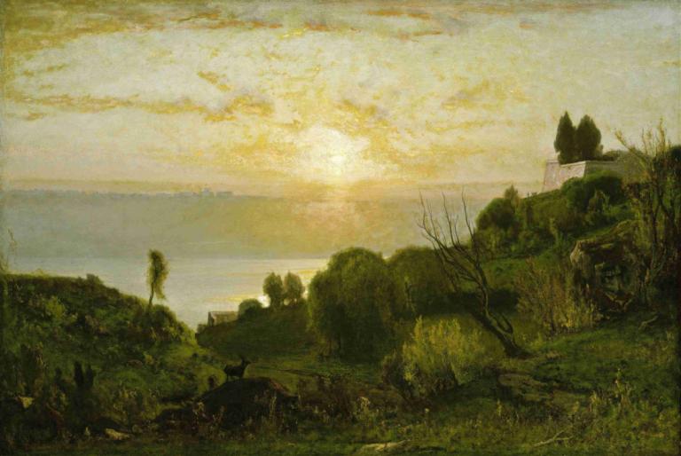 Lake Albano,George Inness,Oil Painting,Oil Painting, scenery, tree, outdoors, no humans, cloud, sky