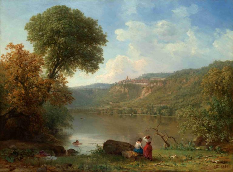 Lake Nemi,Λίμνη Νέμη,George Inness,Ελαιογραφία,Ελαιογραφία, δέντρο, σε εξωτερικό χώρο, τοπίο, ουρανός