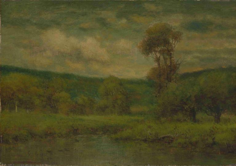 Landscape,George Inness,Oil Painting,Oil Painting, no humans, scenery, tree, outdoors, cloud, sky, grass