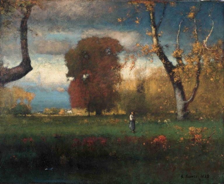 Landscape,George Inness,Oil Painting,Oil Painting, tree, outdoors, scenery, grass, 1boy, solo