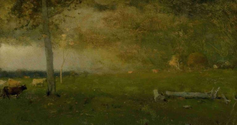 Landscape (Cattle in Storm),風景（嵐の中の牛）,George Inness,ジョージ・イネス,油絵,油絵, 景色, 屋外, 草, 木, 人間がいない, 道, 従来のメディア