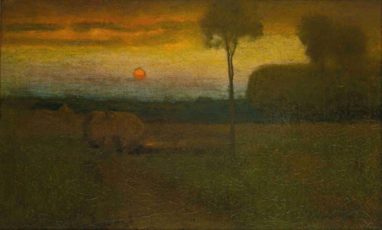 Landscape (Evening Landscape),風景（夕景）,George Inness,ジョージ・イネス,油絵,油絵, 人間がいない, 屋外, 景色, 草, 木, 日没, 雲, 空, 太陽