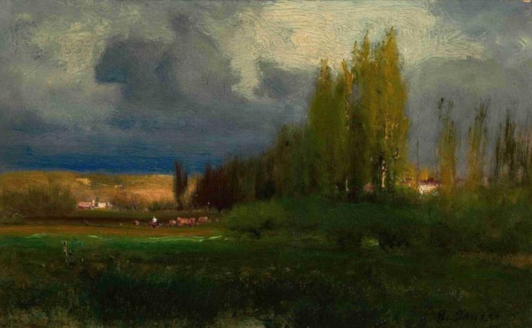 Landscape Study,George Inness,Oil Painting,Oil Painting, no humans, scenery, outdoors, cloud, sky, tree