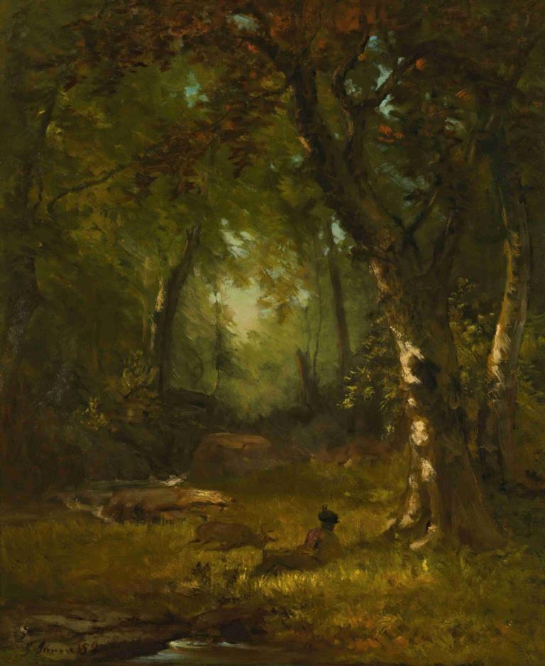 Landscape With Huntsman,George Inness,Oil Painting,Oil Painting, nature, tree, forest, outdoors, 1boy