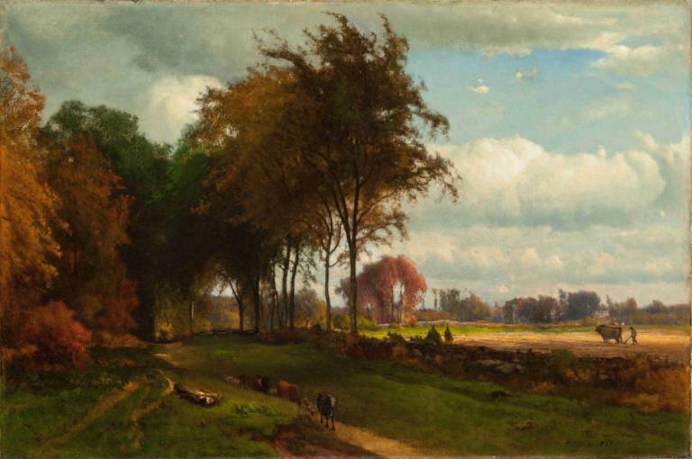 Landscape with Cattle,牛のいる風景,George Inness,ジョージ・イネス,油絵,油絵, 景色, 木, 屋外, 雲, 人間がいない, 空, 草, 従来のメディア, 日, 建物, 曇り空