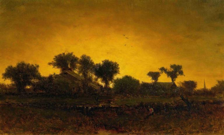 Light Triumphant,George Inness,Oil Painting,Oil Painting, tree, scenery, outdoors, no humans, sky, bird