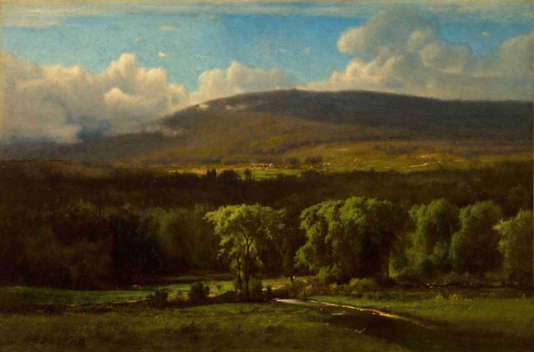 Medway, Massachusetts,George Inness,Oil Painting,Oil Painting, scenery, no humans, outdoors, sky, cloud, tree