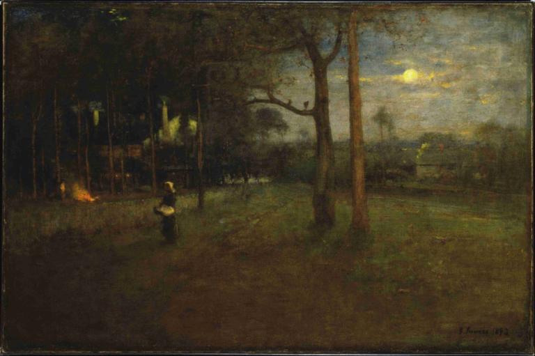 Moonlight, Tarpon Springs,George Inness,Oil Painting,Oil Painting, tree, scenery, outdoors, sky, solo, cloud