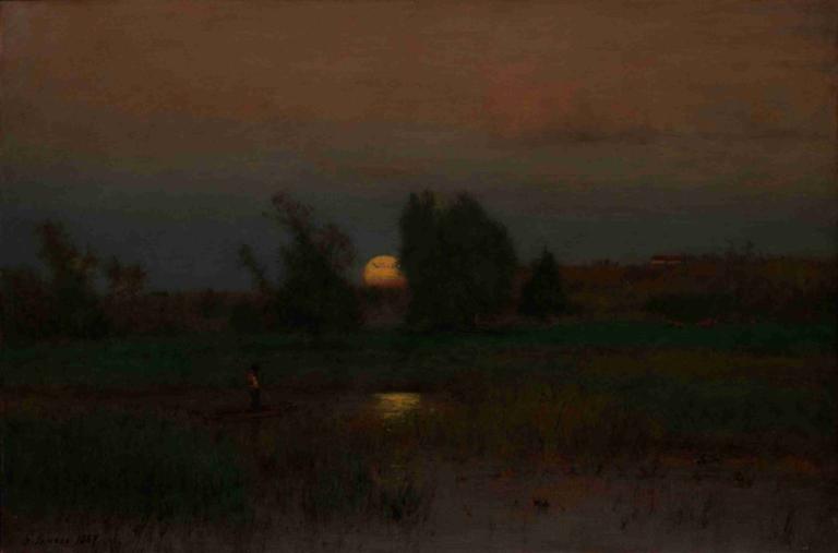 Moonrise,George Inness,Oil Painting,Oil Painting, outdoors, scenery, tree, sky, grass, dark, 1girl, solo