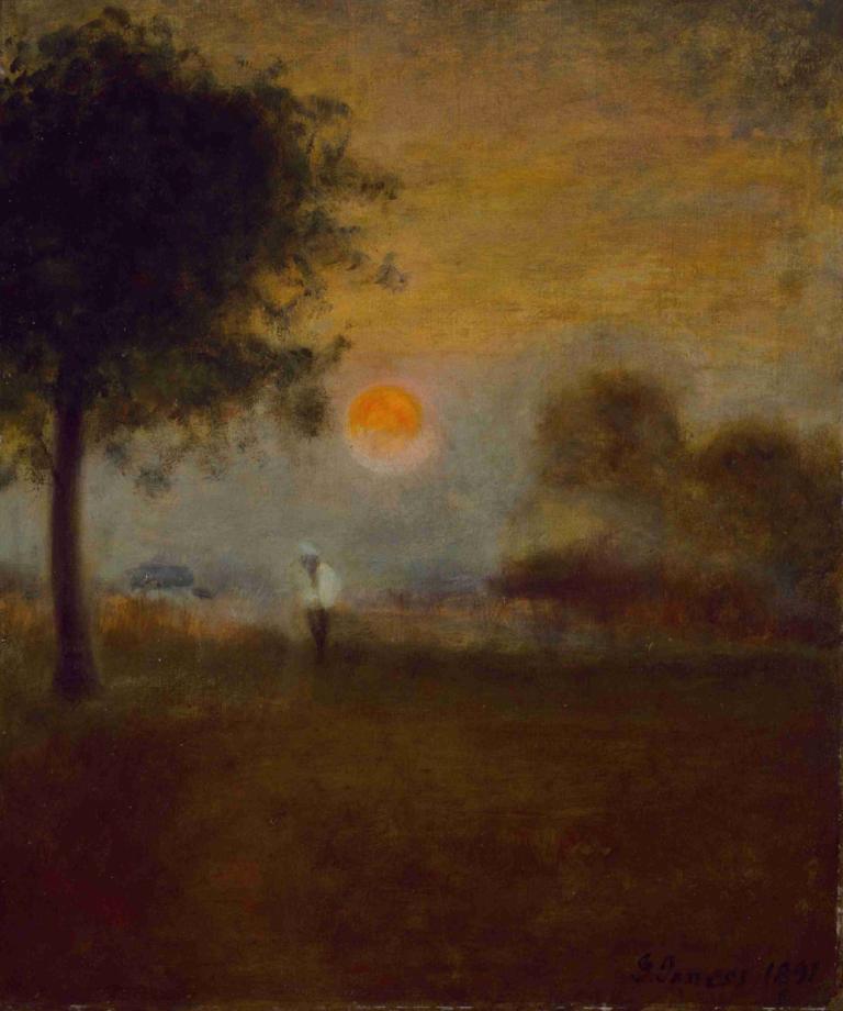 Moonrise,George Inness,Oil Painting,Oil Painting, tree, outdoors, solo, scenery, grass, sky, standing, sunset