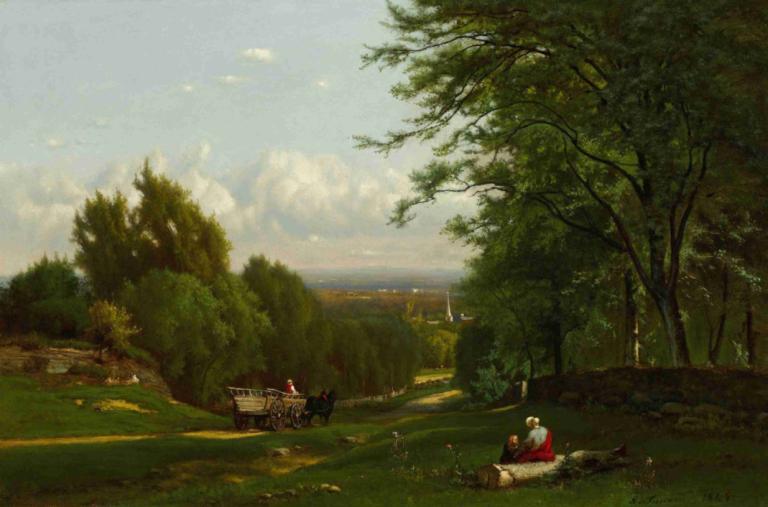 Near Leeds, New York,George Inness,Oil Painting,Oil Painting, tree, scenery, outdoors, cloud, sky, grass