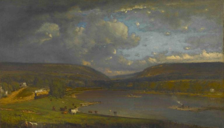 On the Delaware River,델라웨어 강에서,George Inness,조지 이네스,오일 페인팅,오일 페인팅, 경치, 구름, 옥외, 하늘, 잔디, 흐린 하늘, 인간은 없어, 풍경, 필드