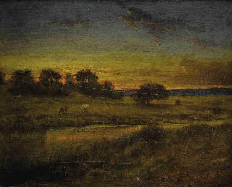 Pasture at Dawn,George Inness,Oil Painting,Oil Painting, no humans, scenery, outdoors, traditional media, sky