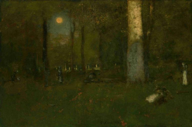 Picnic in the Woods, Montclair, New Jersey,George Inness,Oil Painting,Oil Painting, scenery, moon, tree