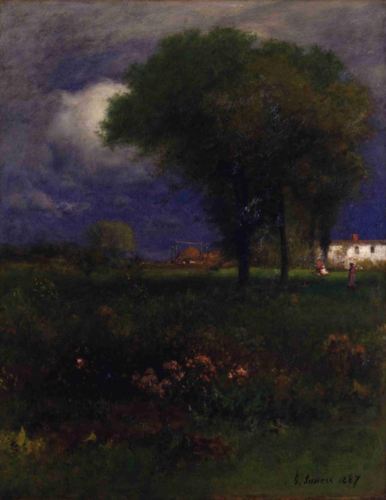 September Afternoon,George Inness,Oil Painting,Oil Painting, tree, cloud, outdoors, grass, scenery, no humans