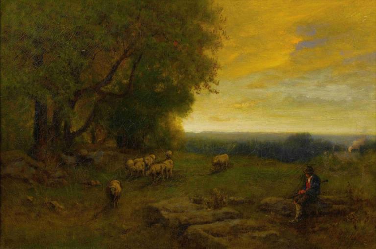 Shepherd And Flock At Sunset,George Inness,Oil Painting,Oil Painting, tree, scenery, 1boy, outdoors, sitting