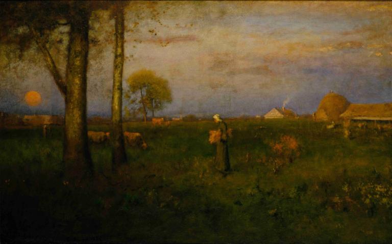 Sundown,Il tramonto,George Inness,Pittura ad olio,Pittura ad olio, albero, all'aperto, scenario, erba, cielo