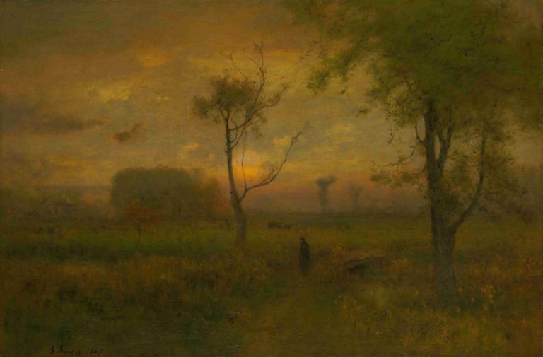 Sunrise,George Inness,Ελαιογραφία,Ελαιογραφία, δέντρο, τοπίο, σε εξωτερικό χώρο, σιλουέτα, γρασίδι, ουρανός