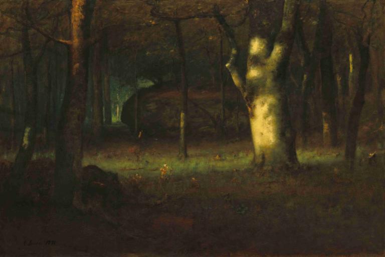 Sunset in the Woods,George Inness,Oil Painting,Oil Painting, nature, forest, tree, scenery, outdoors, dark