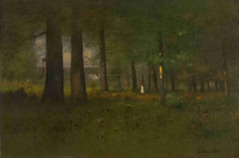 The Edge of the Forest,森の果て,George Inness,ジョージ・イネス,油絵,油絵, 木, 1女の子, 自然, ソロ, 屋外, 森, 景色, ドレス, 草, 花, 白いドレス, 長い髪