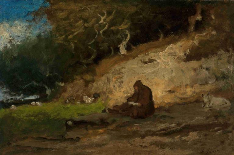 The Hermit,George Inness,Oil Painting,Oil Painting, outdoors, solo, sitting, tree, rock, scenery, grass