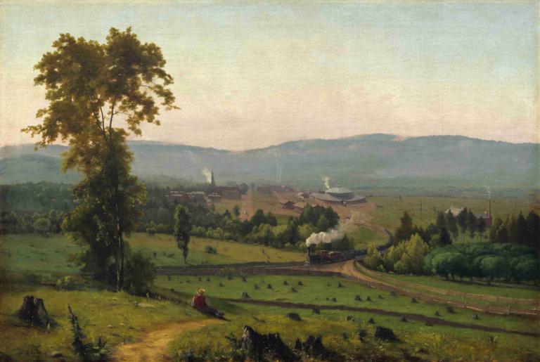 The Lackawanna Valley,George Inness,Oil Painting,Oil Painting, scenery, outdoors, tree, grass, landscape