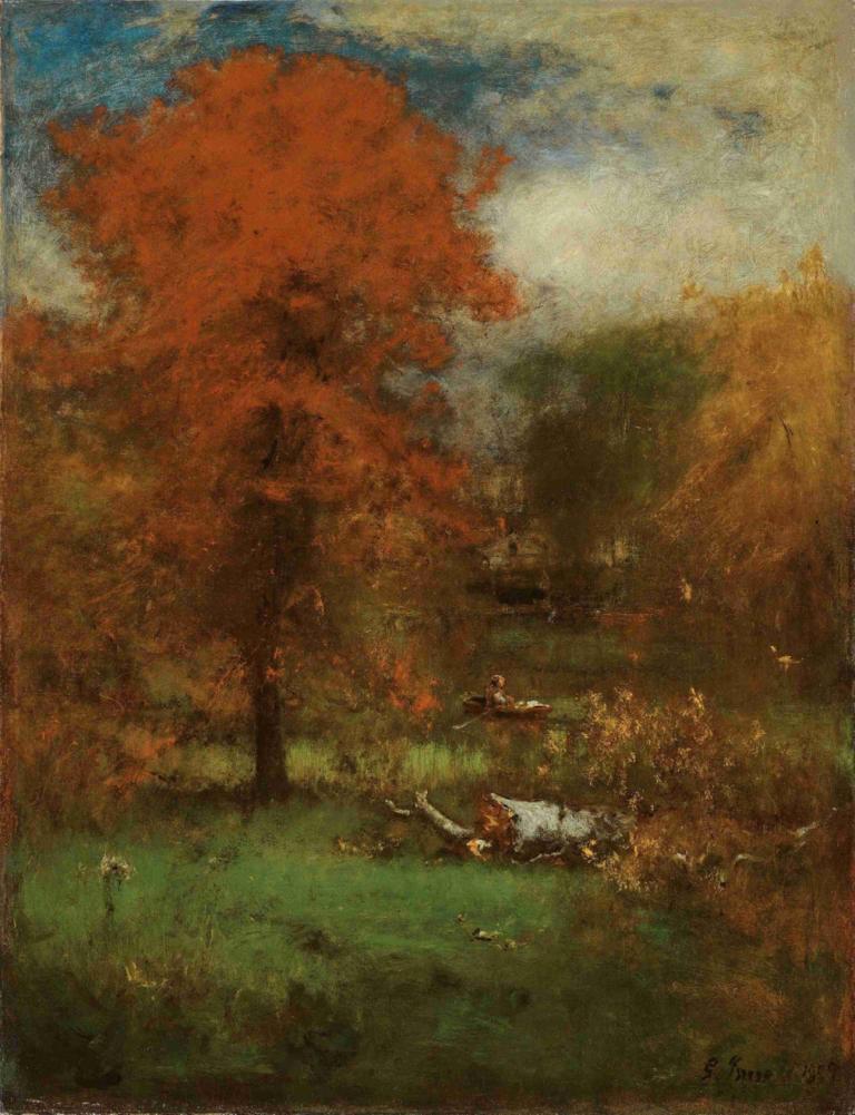 The Mill Pond,George Inness,Oil Painting,Oil Painting, tree, scenery, no humans, outdoors, grass, autumn