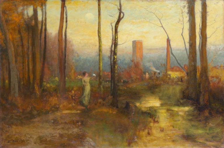 The Mill Stream, Montclair, New Jersey,George Inness,Oil Painting,Oil Painting, tree, solo, scenery, nature