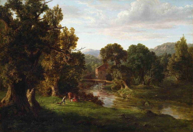 The Old Mill,Starý mlýn,George Inness,Olejomalba,Olejomalba, scenérie, strom, venku, mrak, nebe, Příroda