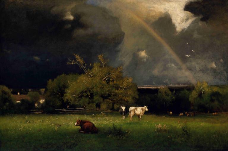 The Rainbow,George Inness,Oil Painting,Oil Painting, tree, scenery, outdoors, grass, cloud, sunlight