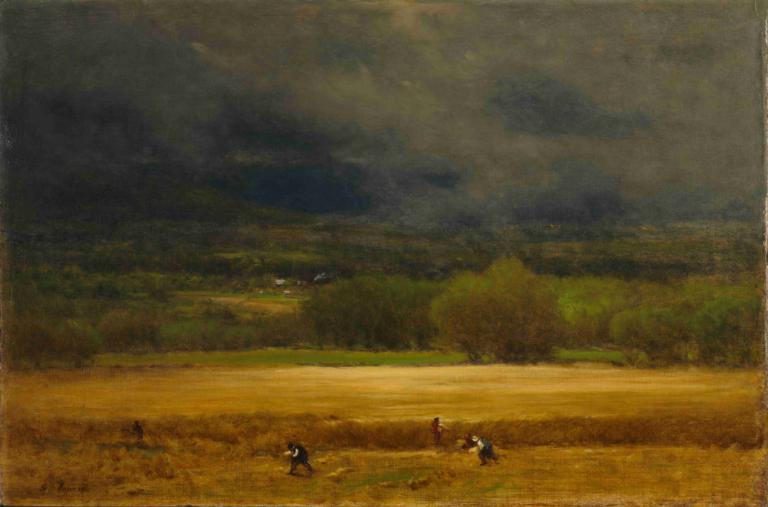 The Wheat Field,George Inness,Oil Painting,Oil Painting, outdoors, scenery, field, grass, nature, tree, cloud