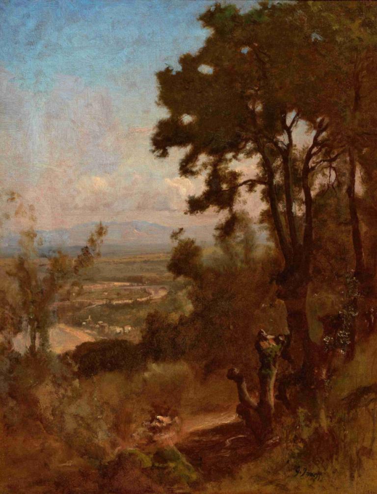 Valley Near Perugia,George Inness,Oil Painting,Oil Painting, tree, outdoors, 1boy, scenery, sky, solo